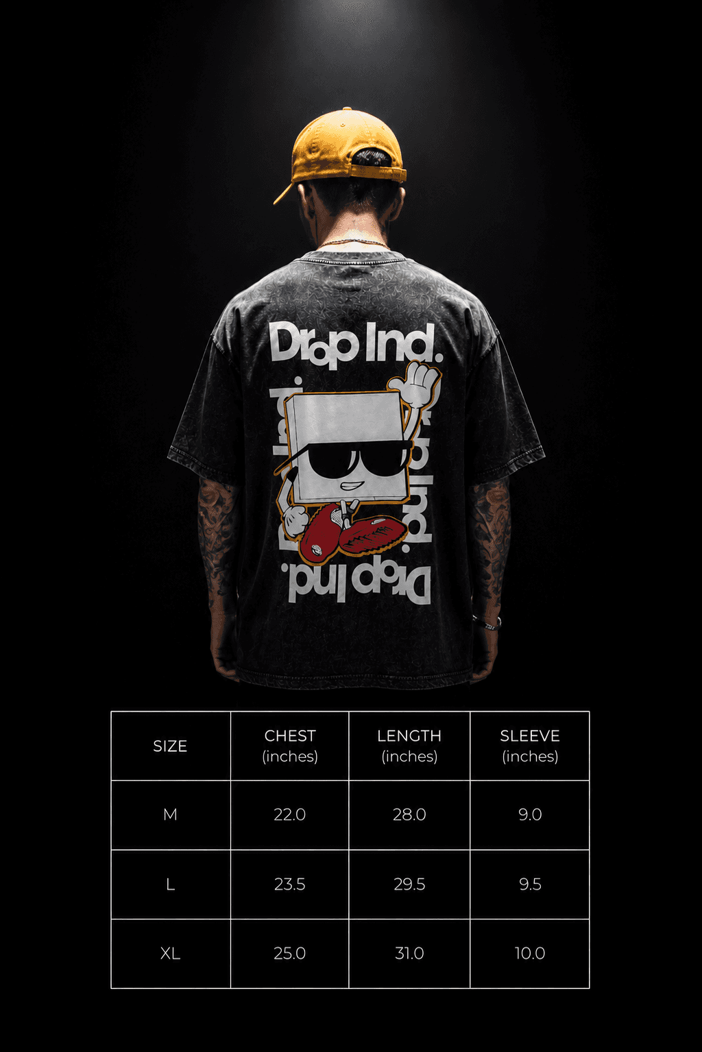 Guía de tallas Drop 001 para M, L y XL.